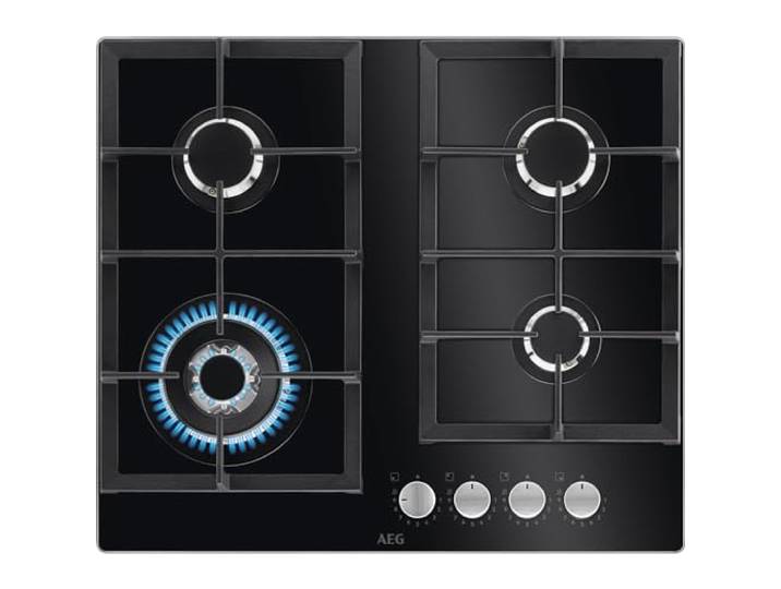 AEG 6000 Series Gaskochfeld HKB64420NB, 60 cm, 4 Kochzonen, Gas auf Glas-Kochfeld, Stufenleistung, Geschwindigkeit und WOK-Brenner, Gusseisen-Pfannenstützen, integrierte Zündung, automatische