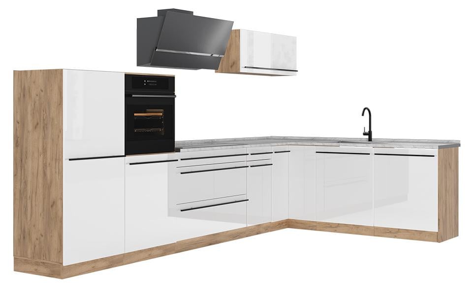 Vicco R-Line Hoekkeuken Wit Hoogglans en Goudkleurig Eiken met Marmer Werkblad Model 66851