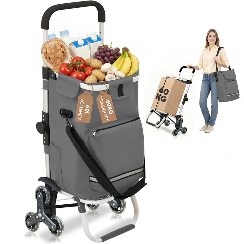 Sekey Boodschappentrolley Traploper 3-in-1, Opvouwbare Boodschappenwagen met 6 Wielen en Haken, 60 L