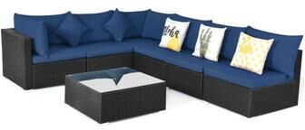 Costway 7-Piece Outdoor Sectional Wicker Patio Sofa Set with Tempered Glass Top-Navy