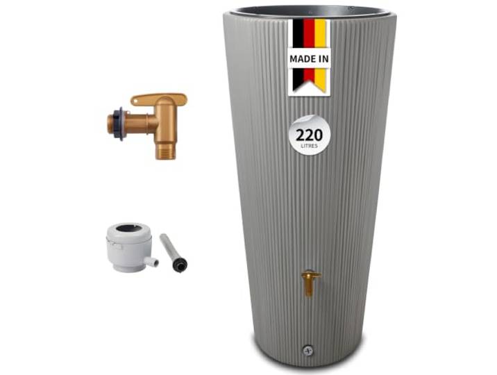 4rain Réservoir Vaso DÉCOR 2en1 220 L\, Gris Zinc INCL. Robinet de vidange en Plastique et raccord de Descente