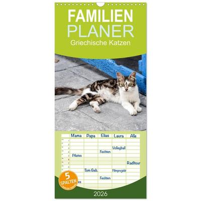 Familienplaner 2026 - Griechische Katzen mit 5 Spalten (Wandkalender, 21 x 45 cm) CALVENDO