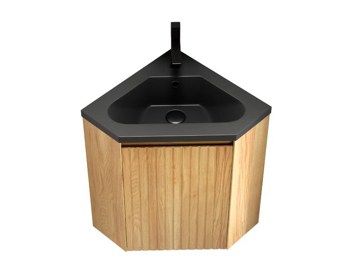 Meuble Sous Vasque D'Angle 38 Cm Avec Vasque Intégrée En Résine Noir Mat\, Meuble Préassemblé\, Porte Amortie\, Idéal Petits Espaces\, Bois Clair - Chicfurn