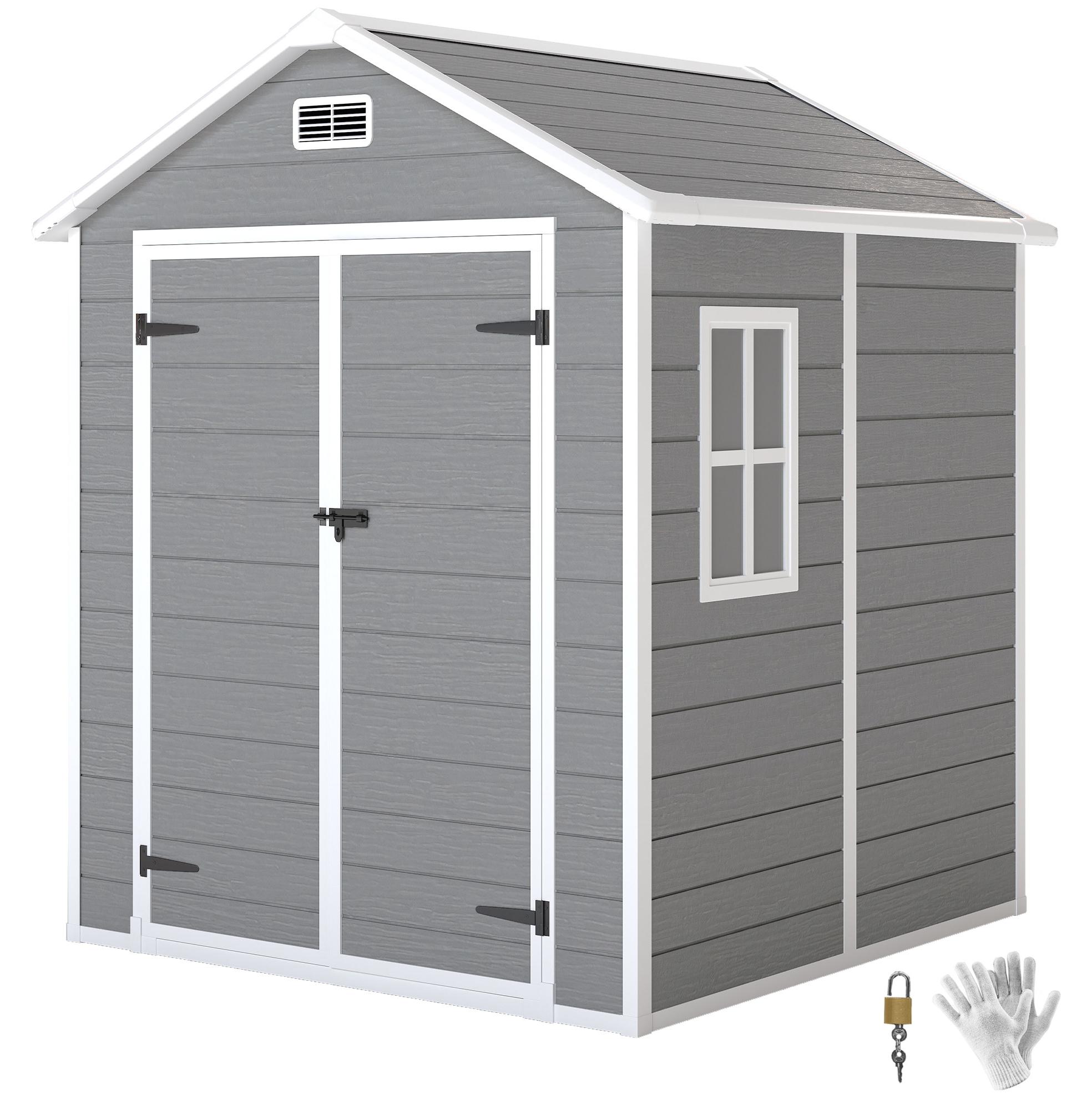 SUGIFT Gartenschuppen abschließbar, Gerätehaus Kunststoff Holzoptik mit Boden & Fenster, Geräteschuppen Grau | 12 mm Harz | UV-beständig | 182x151x219 cm