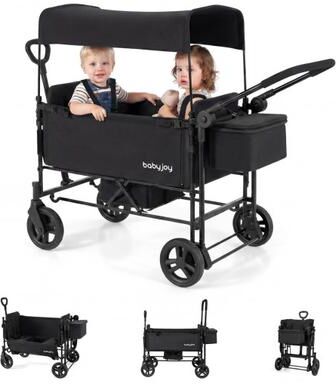 Costway Foldable Wagon Stroller for 2 Kids with Removable Canopy and Adjustable Push Handle-Black