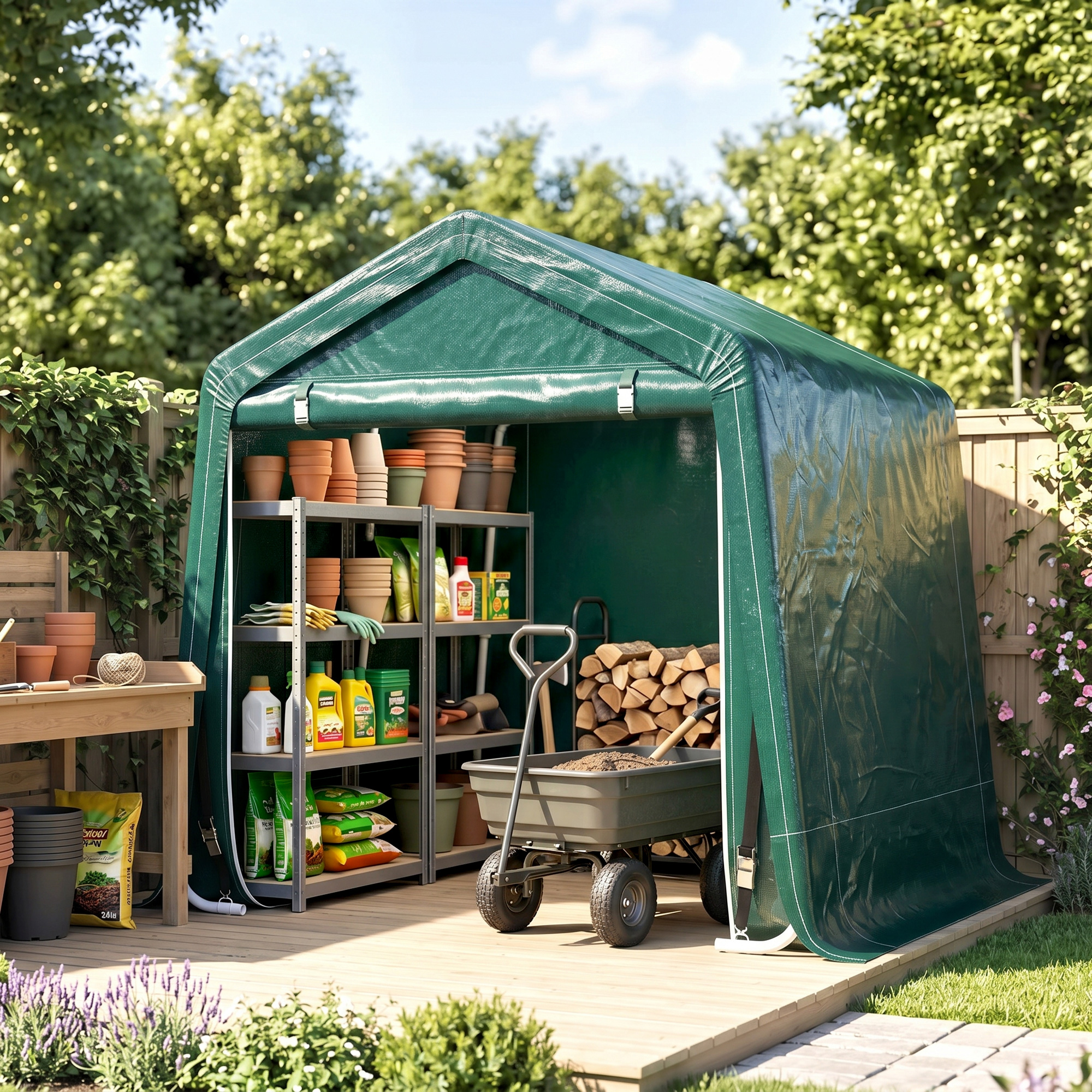 Outsunny Tendone Garage all'Aperto 2.4x2m per Auto, Moto e Biciclette, Casetta da Giardino per Attrezzi in Metallo e Tessuto PE, Verde Aosom