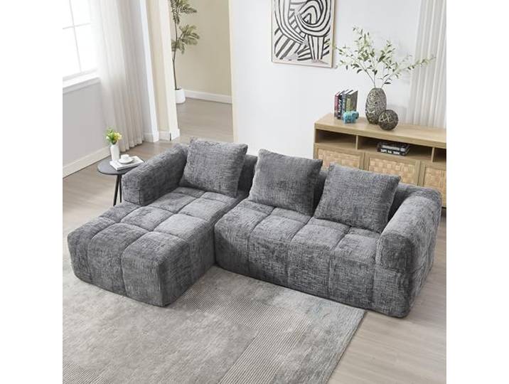 Ball & Cast Boneless Couch, L Couch mit Schlaffunktion, Chenille Modulares Sofa mit Seitentaschen, Montagefrei, Grau, 3 Sitze