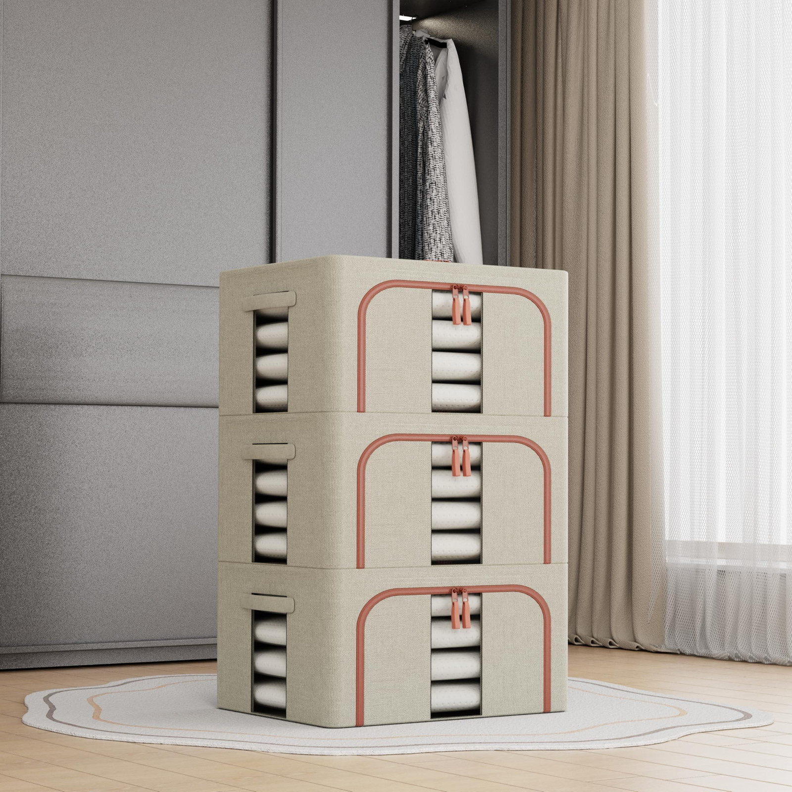Set van 3 opvouwbare opbergdozen met deksel - Beige - Solid