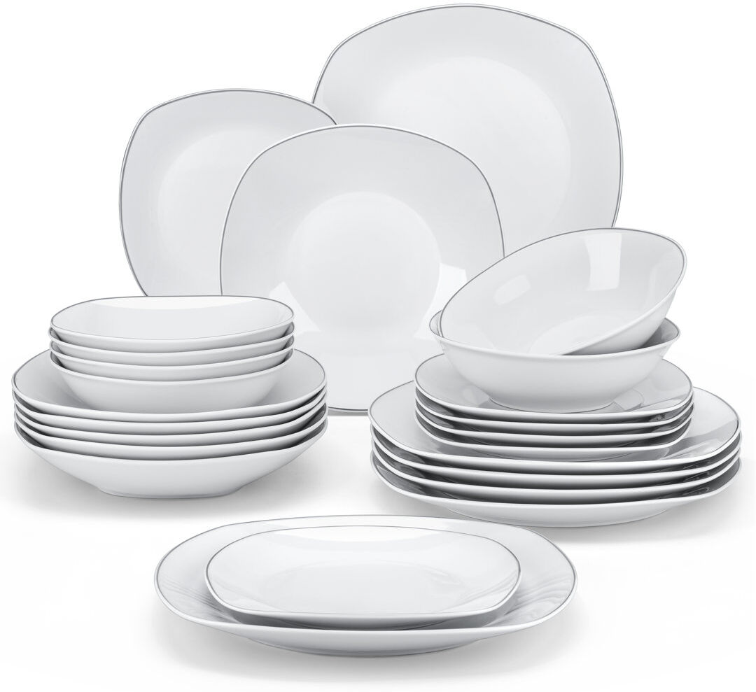 MALACASA 24 Pcs Porcelain Dinnerware Set, White Plate With Sliver Border, Service For 6 Person, Dinner Plate, Dessert Plate, Soup Plate And Bowl Set Silver/White 24