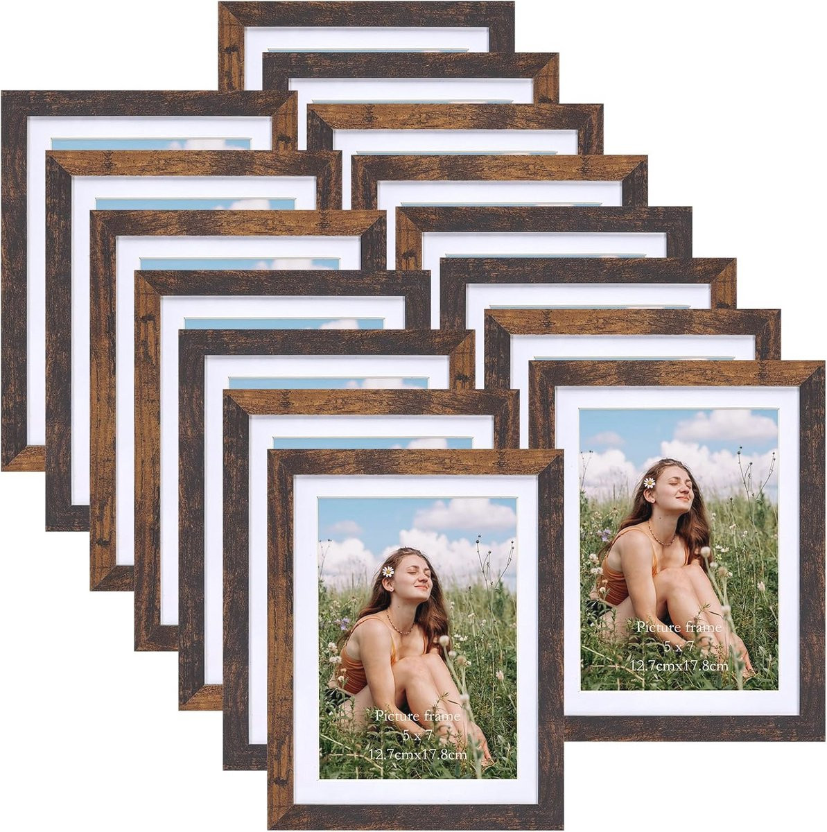 Set van 15 bruine houten fotolijsten met passe-partout, 15 x 20 cm