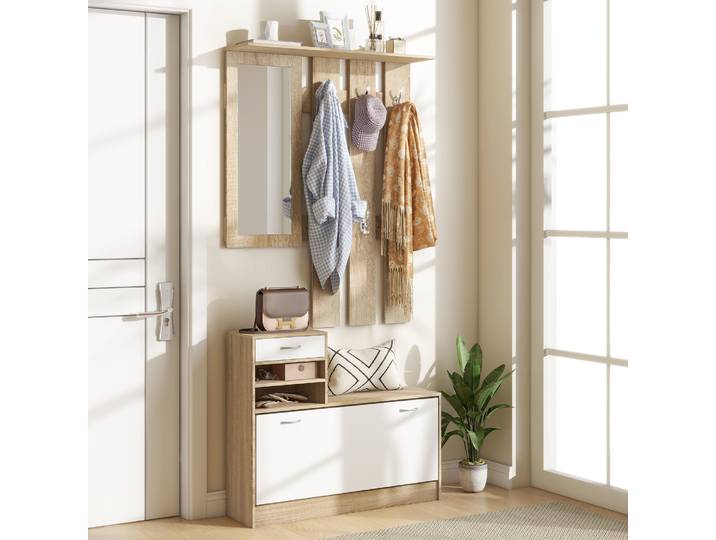 HOMCOM Meuble Vestiaire Banc à Chaussures avec Miroir et Crochets