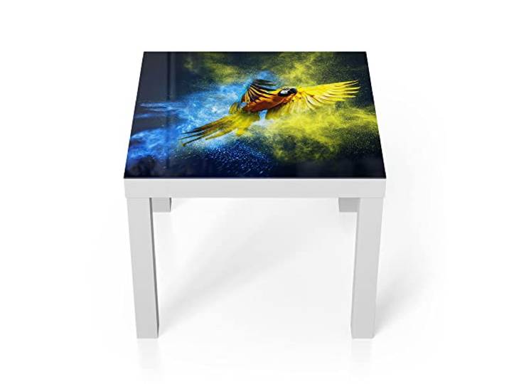 DEQORI Glastisch weiß klein 55x55 cm Motiv Papagei in Farbwolke ausgefallener Beistelltisch aus Glas Hochglanz Couchtisch fürs Wohnzimmer moderner Couch Tisch mit Design