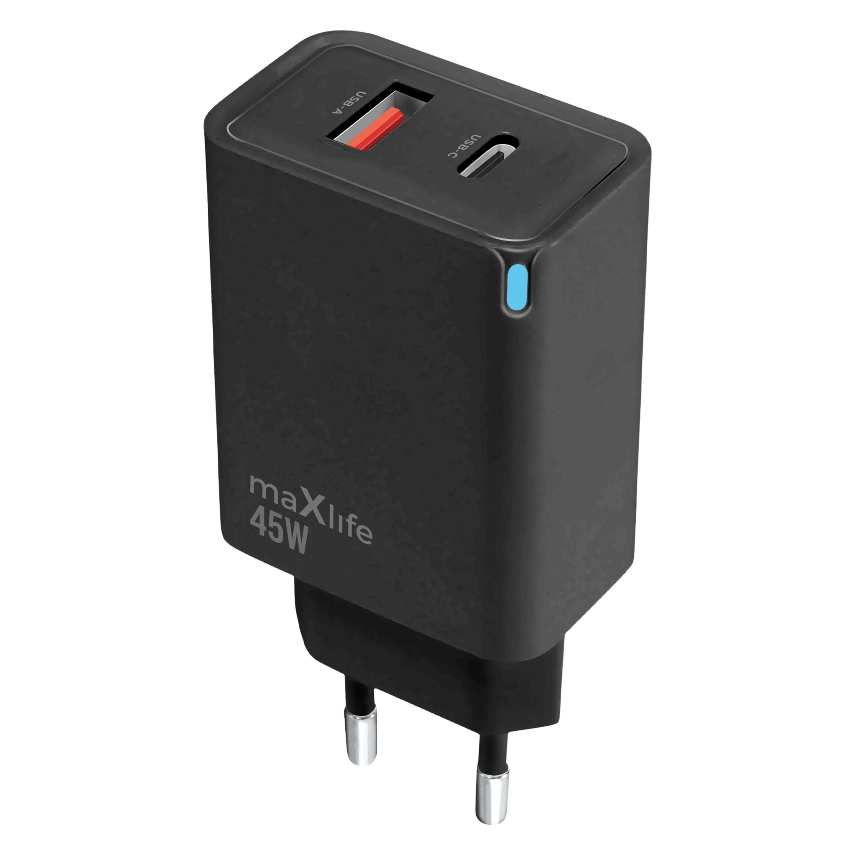 Maxlife MXTC-09-45AC GaN PD QC-Ladegerät, 1x USB-C, 1x USB, 45 W, schwarz (45 W, 2 Ports) (77477041)