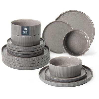 Geschirr-Set OTTO HOME "YLVII,außen matt,innen reaktiv glasiert, Steinzeug, 18-tlg.für 6 Pers.", reactive dunkelgrau, 18, Steinzeug, Geschirr-Sets, Geschirr-Set, Riffeloptik, spülmaschinenfest und mikrowellengeeignet