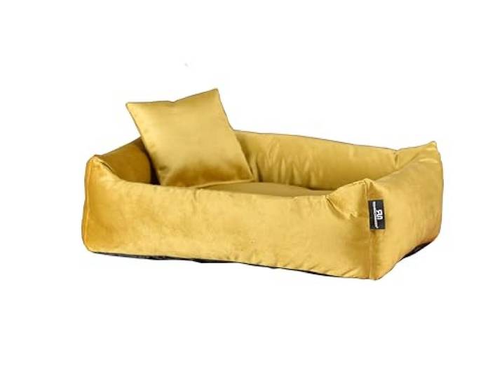 Rohrschneider Kuschelsofa Samt für Haustiere, mit hohem Rand und herausnehmbarem Innenkissen, 100% Polyester, waschbarer Bezug, Antirutsch-Unterseite, Versch. Größen und Farben (Senf, M: 70x49x15cm)