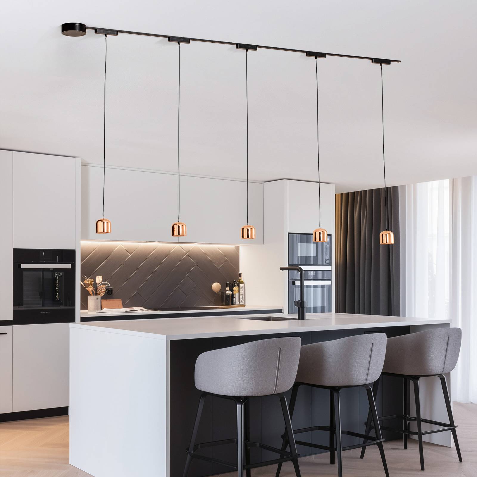 Schienensystem Lumaro, Pendel, 5-flg., gold, 48V, dimmbar Lumaro 48V Lindby,, schwarz, für Wohn- / Esszimmer, Aluminium, Modern
