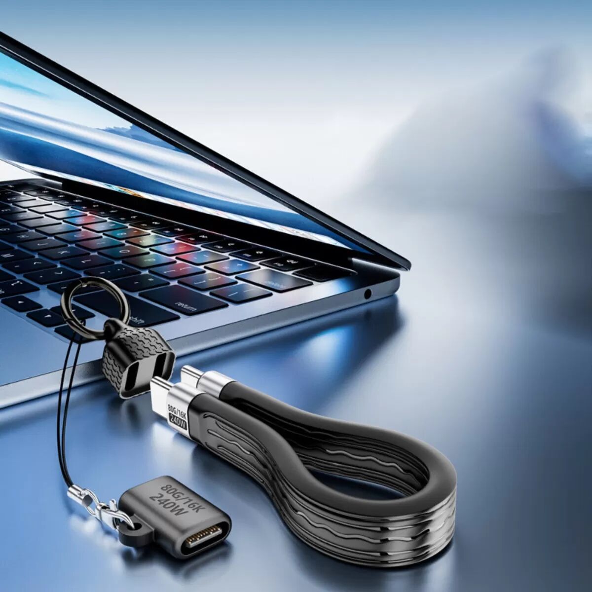 INF Voll ausgestattetes 240W FPC Flach USB-C-Kabel + Verlängerungsadapter-Kit — 240W MAX, USB4 80Gbps, 16K 60Hz, Emark-Chip Schwarz