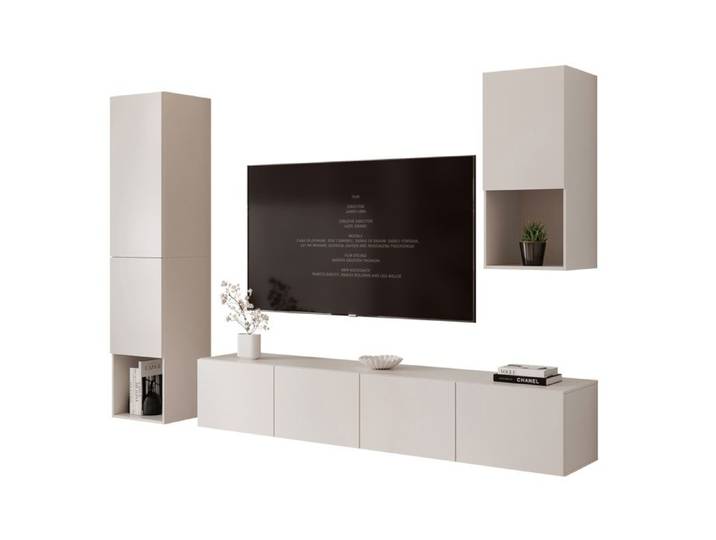 Ensemble Meuble TV ANGEL LINE III - Colonnes murale - 7 portes - LED intégré - Cachemire