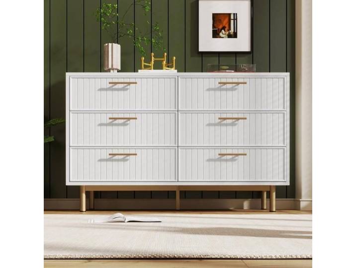 Commode 6 tiroirs - KOMHTOM - 120x40x75 cm - Blanc - Poignées dorées - Pieds métal design contemporain