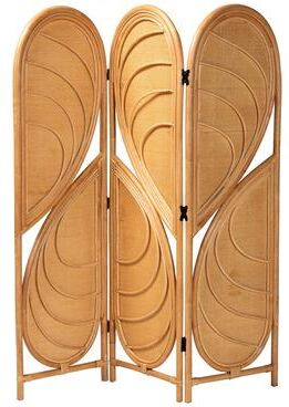bali & pari Kiyoko Natural Rattan Room Divider - Handwoven Wicker Tri-Fold Decorative Privacy Screen with Woven Leaf Motif
