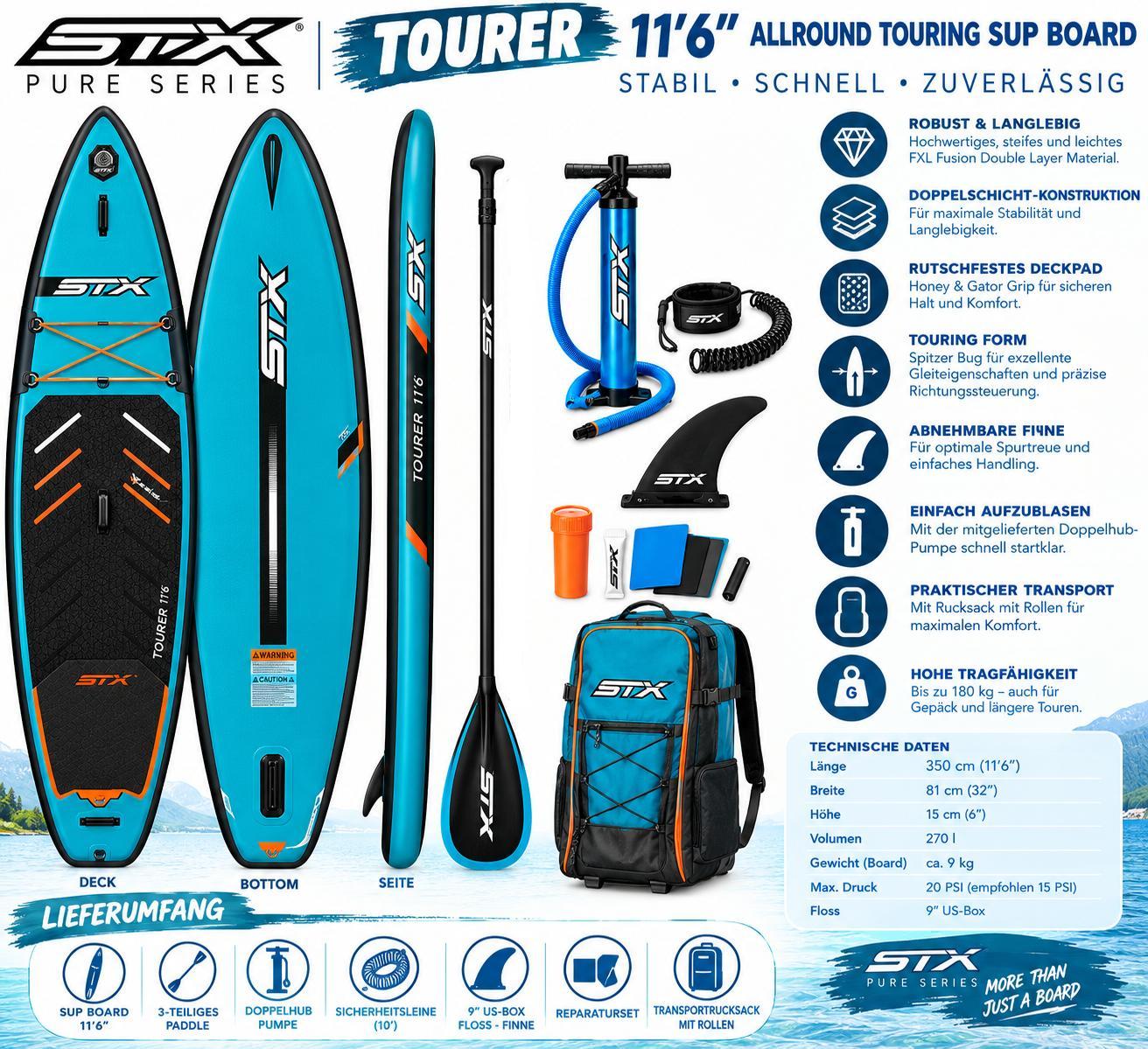 STX Tourer 11'6 SUP Board 350cm aufblasbar Touring Board Set