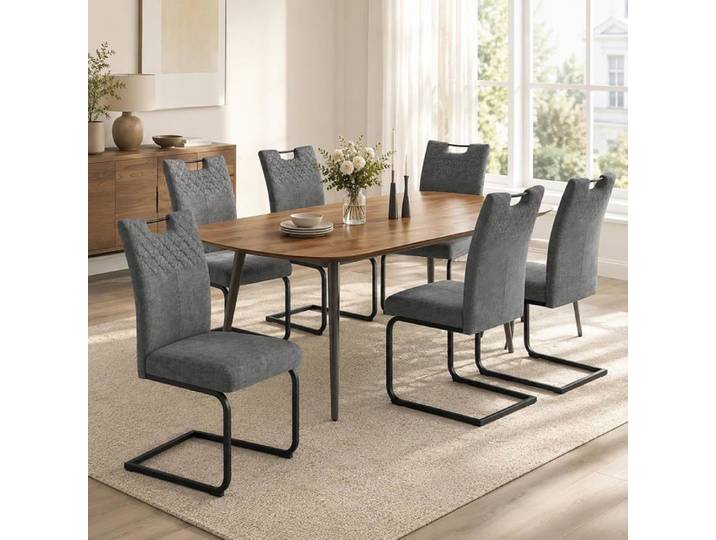 JIEXI Lot de 6 Chaises de Salle à Manger Cantilever Tissu Gris Cadre Métal Noir Style Contemporain 45x57x94 cm