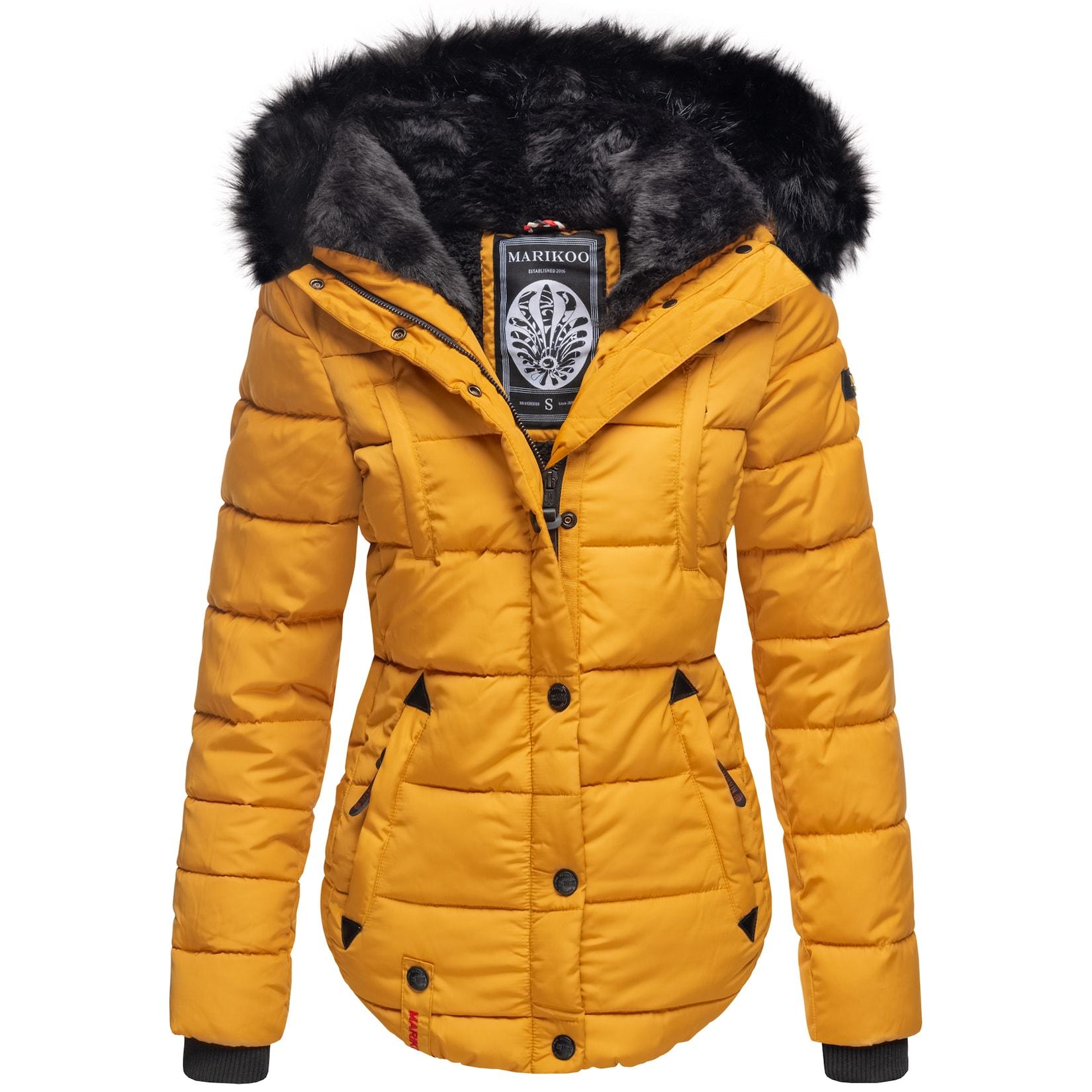 MARIKOO Damen Designer Steppjacke Winter Jacke mit edler Kunstpelz Kapuze Lotusblüte