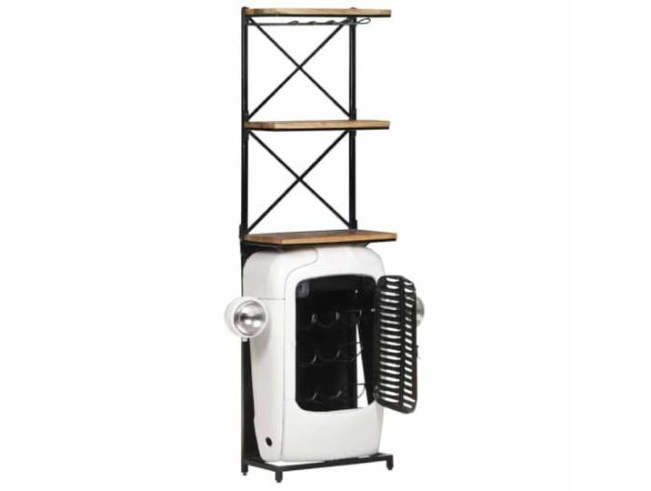 Weinschrank Traktor Weiß 49x31x172 cm aus Mangoholz 2 Ablagen, 9 Flaschenhalter, unbehandeltes Mangoholz, einzigartiges Traktor-Design