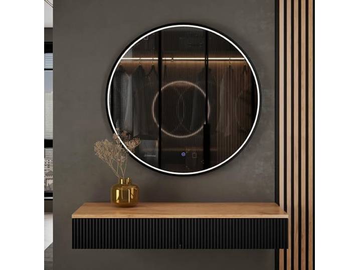 Planetmöbel Flur Garderobe Set Konsolentisch 100 cm, Spiegel Beleuchtung rund (mit Rahmen), Wand-Konsole 100 x 16 x 35 cm (gold eiche / schwarz), Veluna Wandspiegel 80 x 80 cm
