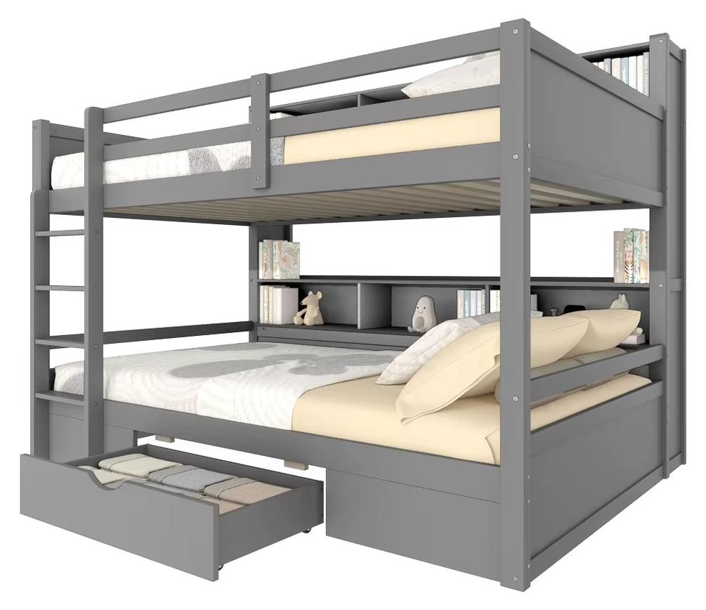 Etagenbett für zwei - Multifunktionales Etagenbett - 2 Einzelbetten 90 x 200 cm - Schubladen - Große Staufächer - Kiefernholz - Grau - Matratzen nicht enthalten