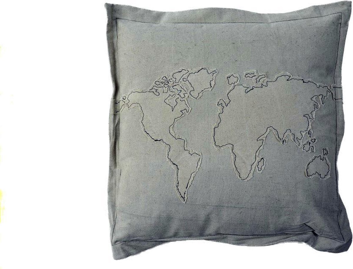 Floz Design Sierkussen Wereldkaart Natuurlijk Fairtrade India Multicolor 50 x 50 cm