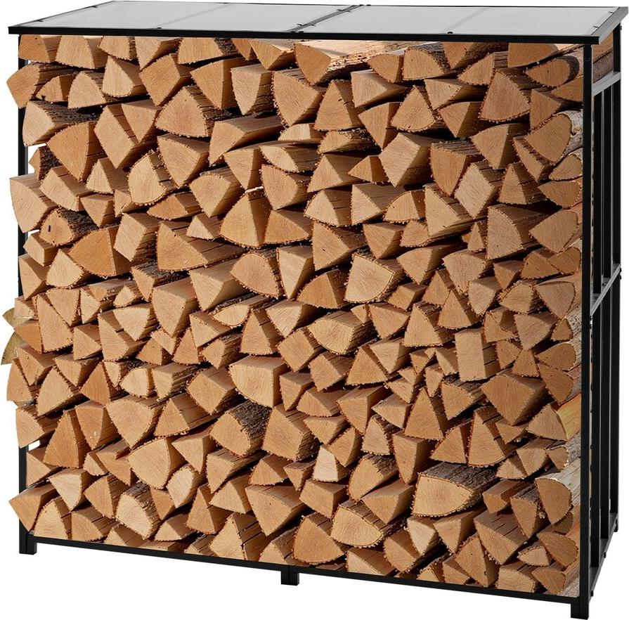 Holzregal mit schrägem Dach, 1,85 m Holzhalter für den Außenbereich, Holzlager für 1/4 Cord, maximale Tragkraft 299 kg, pulverbeschichtetes Metall-Holzregal für Kamin, Terrasse, Garten