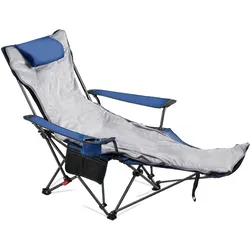 VEVOR Campingstuhl faltbar, Liegestuhl mit 4 verstellbaren Positionen, Relaxsessel Liege mit Getränkehalter, Strandstuhl mit Kopfstütze & Fußstütze, trägt 100 kg, für Outdoor Camping, blau