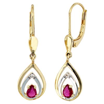 Paar Ohrhänger JOBO, gelb (gelbgold 585), Ohrringe, Damen, P1 = bei 10-facher Vergrößerung erkennbare Einschlüsse, Diamanten Gelbgold 585, Diamanten, Gelbgold 585, 585 Gold mit 2 Diamanten und Rubin