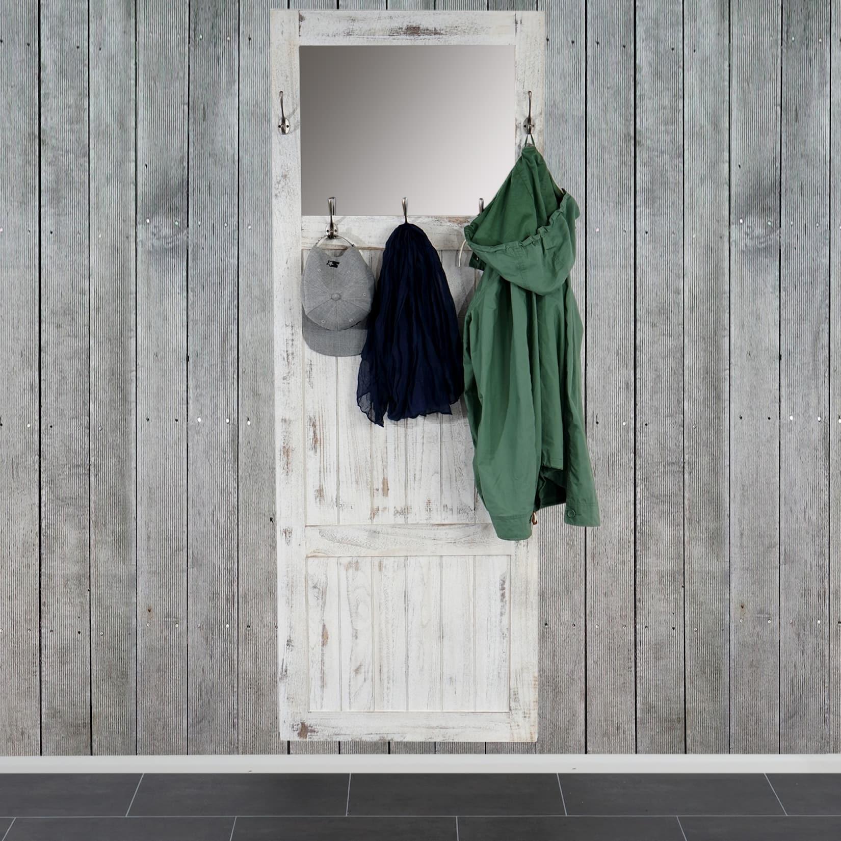 Garderobe Wandgarderobe mit Spiegel Wandhaken 180x65x7cm, Shabby-Look, Vintage ~ weiß