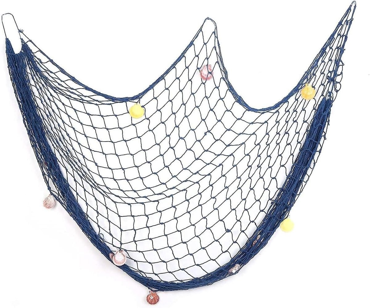 Allecto Decoratief Visnet - Blauw - Maritieme Wanddecoratie met Schelpen