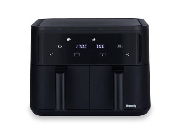 H.Koenig Airfryer Fritteuse ohne Öl mit 2 Becken XXL FRY900, Doppelte Kapazität 9L, Regulierbar 80-200°C, 5 Kochmethoden, 60min Timer, 8 Programme, Touchscreen