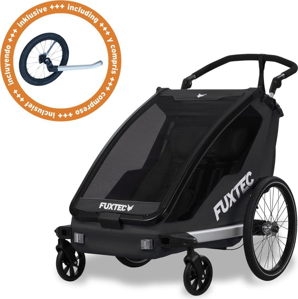 FUXTEC Fahrradanhänger/Jogger FX-FA1-SET-SCHWARZ - inklusive Jogger-Rad | Buggyfunktion |Faltbar | 5-Punkt-Gurtsystem | Insektennetz