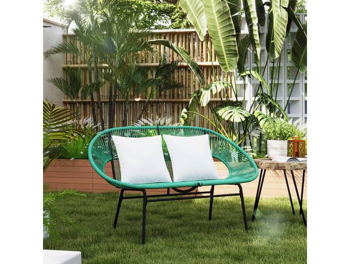 Outsunny Banc de Jardin 2 Places Acier Résine Vert avec Coussins