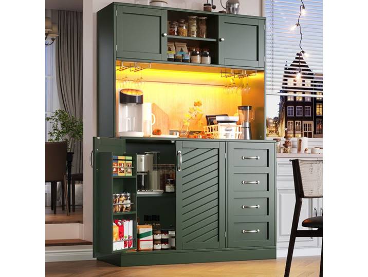 MEULVA Buffet haut de cuisine 120x40x188 cm 4 portes 2 grands tiroirs LED MDF vert