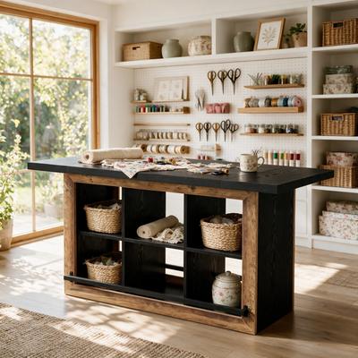 1Easylife Counter Height Craft Table with 6 Open Storage Compartments, Sewing Workstation, Large Art Supply Storage Cabinet for Craft