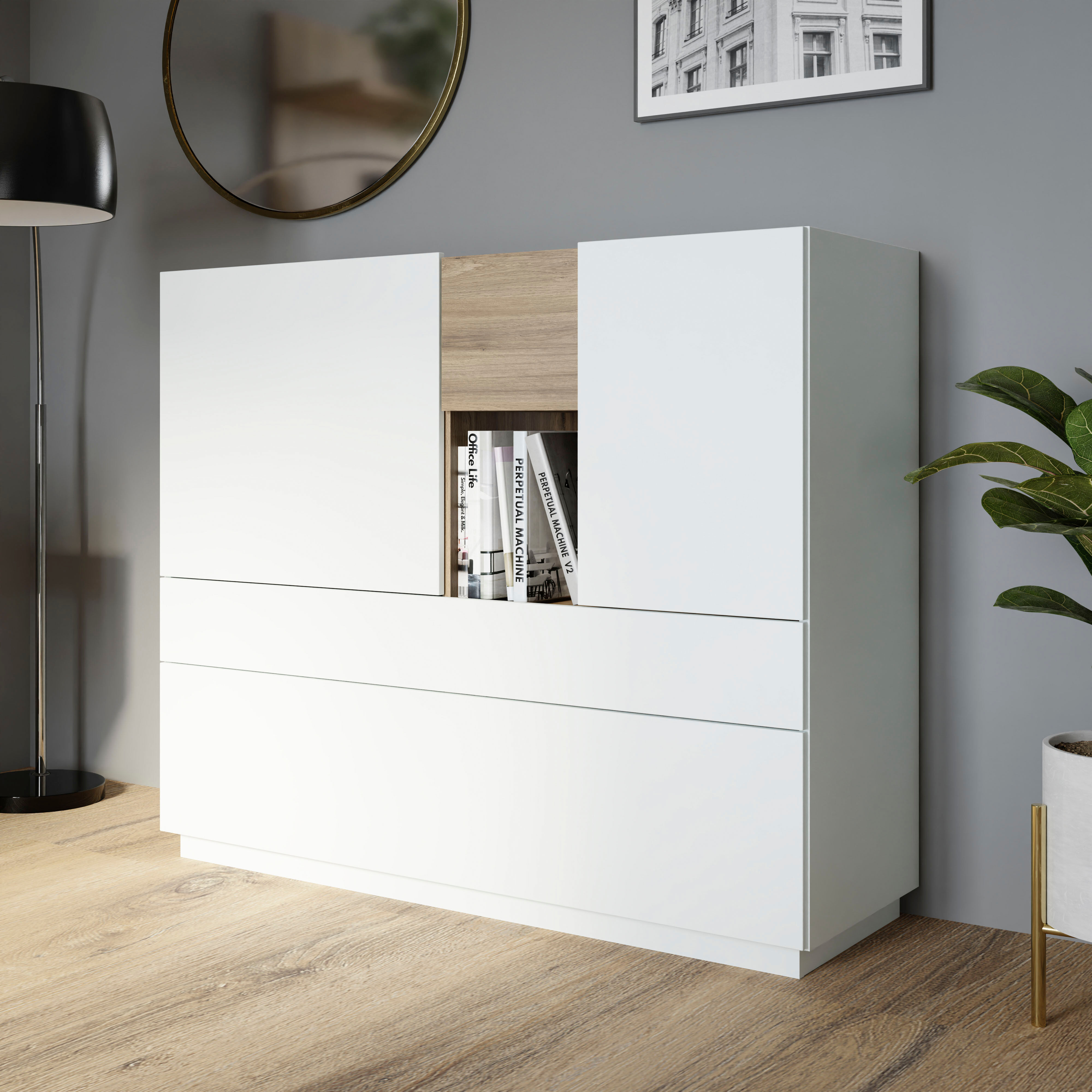 Highboard FORTE "Lewisville", grau (secret grau, valencia eiche), B:119,7cm H:111,2cm T:41cm, Holzwerkstoff, Sideboards, Highboard secret grau, valencia eiche B/H/T: 119,7cm x 111,2cm x 41cm