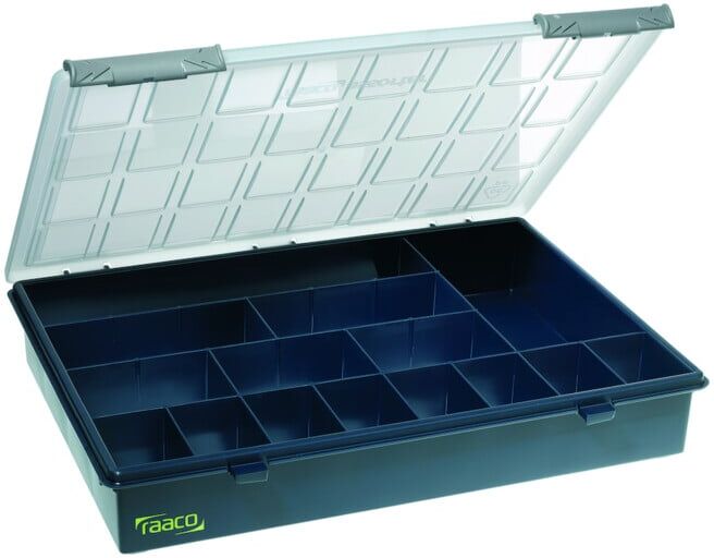 Mallette de rangement l.338xP261xH57mm 15 comp. transparent bleu foncé RAACO (136174)