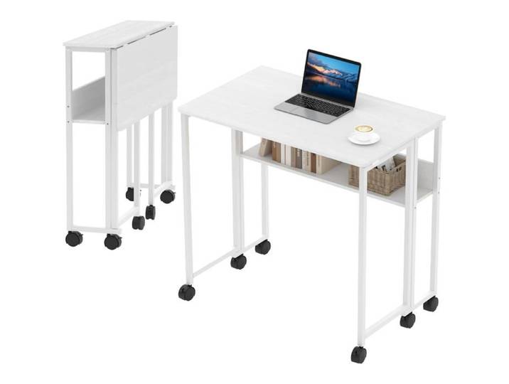Bureau Pliable avec Étagère de Rangement et Roulettes – Gain de Place Table d'Ordinateur Compacte Portable –Montage Facile-Blanc