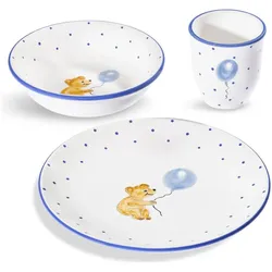 Gmundner Keramik, Kindergeschirr + Kinderbesteck, Tupferl Blau, Kinderset 3-tlg. mitBär