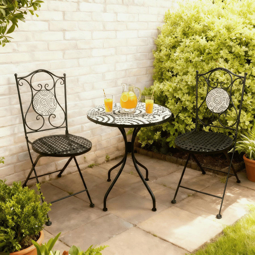Marlow Home Co. Carlton Mosaic Patio Bistro Table & Folding Chairs Set Black 2