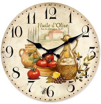 Discount Dollar Deals Retro Provence Olive Oil And Tomato Pattern Wooden Wall Clock, Silent Quartz Kitchen Wall Clock, Rustic Living Room tomato Pattern 10inch