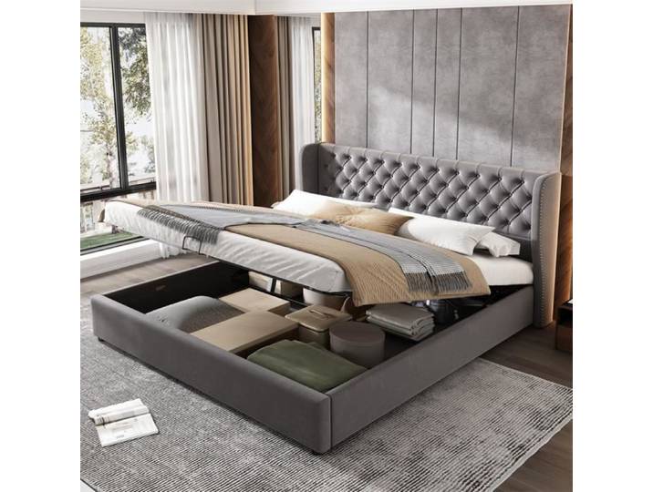 DRIPEX Lit Capitonnée Gris Velours Agréable 180×200cm Lit fonctionnel hydraulique avec sommier à lattes Lit double pour adulte