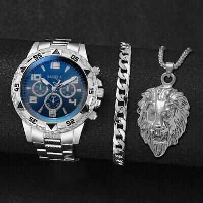 Combo Retail Shop Fashion Steel Band Men Watches, Arabic Dial Man Business Watches, Jewellery Set Premium Gift silver Black