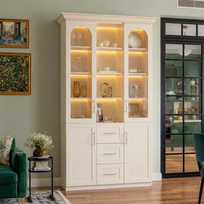 Homsee Modular Bookcase with LED Lights, Glass Door Storage Cabinet with Drawers, Large Display Shelving Unit Sideboard